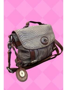 Vintage fossil satchel gray&brown snakeskin bag adjustable strap metal charm